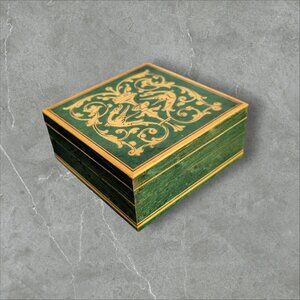 Italian Handcrafted Wooden Trinket Box Green & Gold Floral Design Vintage Decor